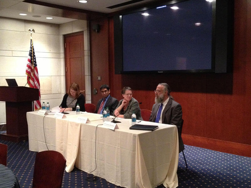 Panelists at a Congressional briefing on Monday discuss the US response to neglected tropical diseases. From left: Kaitlin Christenson, Brian D'Cruz, Rachel Cohen, and Larry Buxbaum. Credit: Research!America 