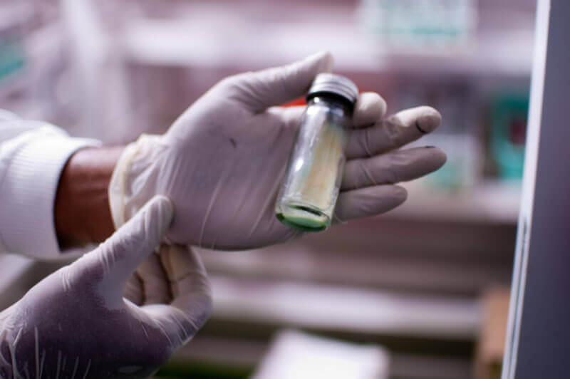 US Navy Lt. Kimberly Edgel, left, and Christian Baldeviano examine a positive malaria blood smear at Naval Medical Research Unit (NAMRU) 6 in Callao, Peru.