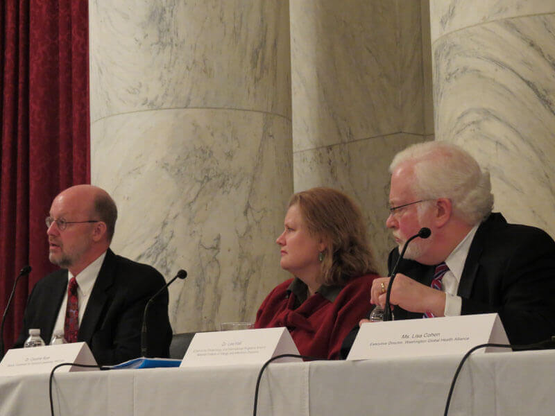 (from right to left) Lee Hall from the National Institute of Allergy and Infectious Diseases, Caroline Ryan from the President's Emergency Plan for AIDS Relief, and Alan Magill from the Bill & Melinda Gates Foundation.