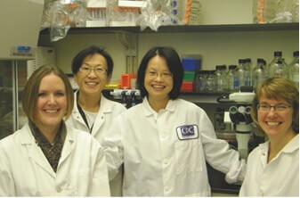 Claire Huang (center) and her team (L-R), Janae Stovall, Betty Luy, and Karen Boroughs, in their CDC laboratory in Fort Collins, Colorado. Credit: CDC.