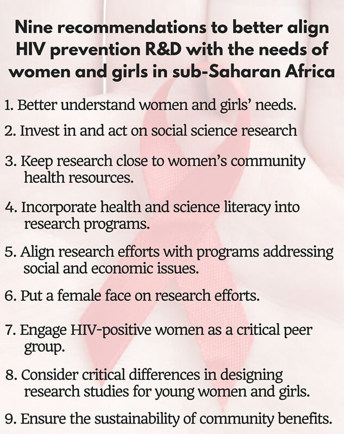 Nine recommendations to better align HIV prevention R&D with the needs of women and girls in sub-Saharan Africa Nine recommendations to better align HIV prevention R&D with the needs of women and girls in sub-Saharan Africa