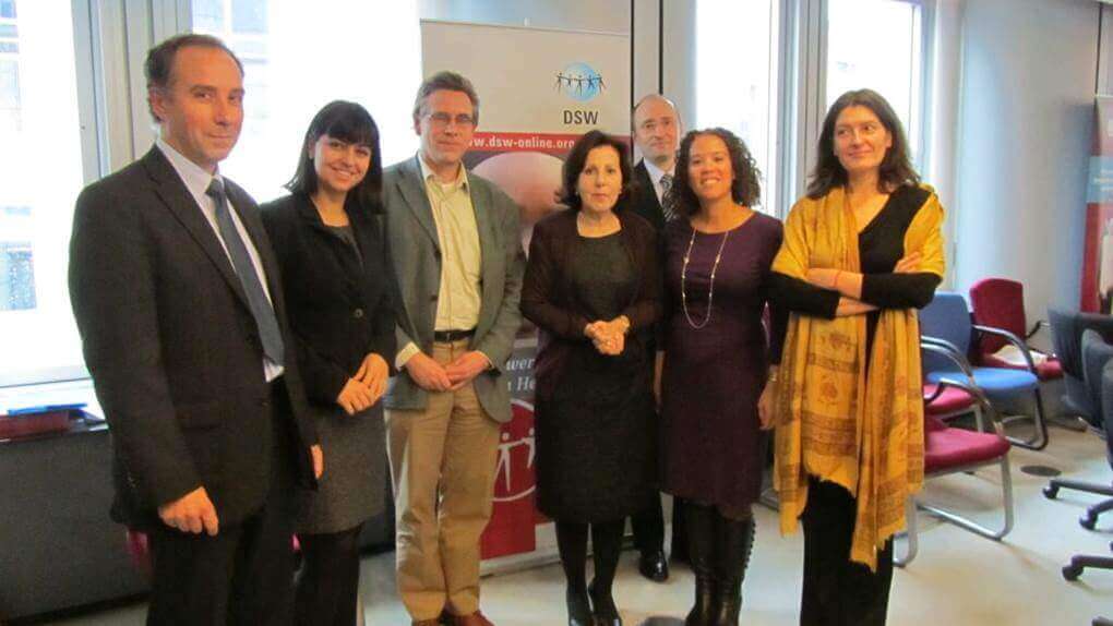 From left to right: Gianpietro van de Goor, European Commission; Cecile Vernant, DSW Head of EU advocacy; Ole Olesen, EDCTP; MEP Maria da Graça Carvahlo; François Bompart, Sanofi; Claire Wingfield, PATH; Maite Suarez, IAVI. Photo credit: DSW